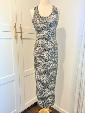 Nicole Miller Sleeveless Snake Print Maxi Dress in Blue, Brown and White Size M